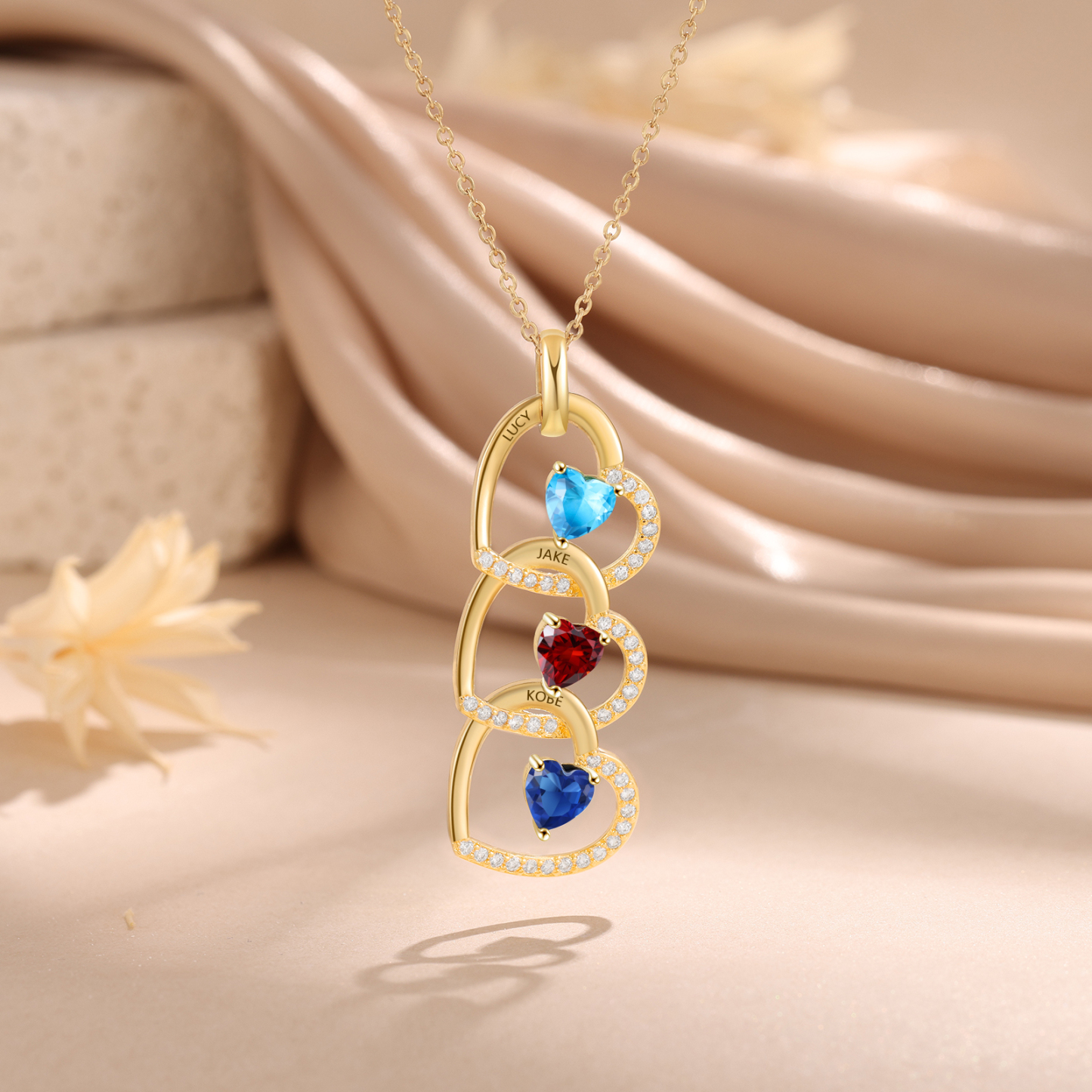Personalised Heart Pendant Necklace Custom 3 Birthstones & 3 Names Necklace Gifts for Her-Jessemade AU