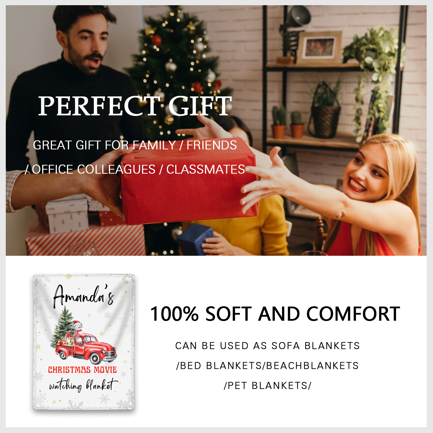 Personalised Christmas Movie Blanket Custom Name White Blanket Christmas Gift for Family Friends - Christmas Movie Watching Blanket-Jessemade AU