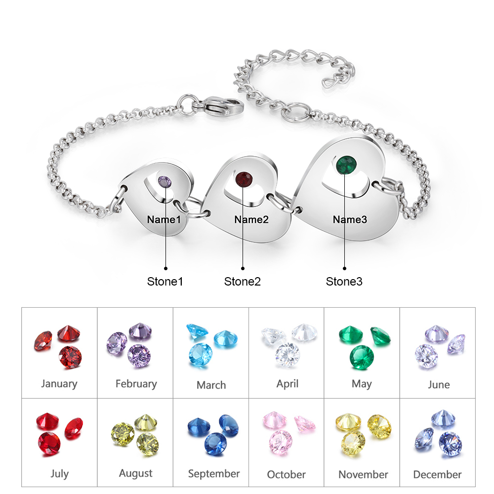 3 Names - Personalised Heart Bracelet Custom Names & Birthstones Family Bracelet Gifts for Her-Jessemade AU