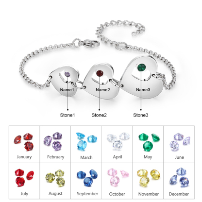Personalised Heart Bracelet With 3 Birthstones Engraved Names Bracelet Gift For Women-Jessemade AU