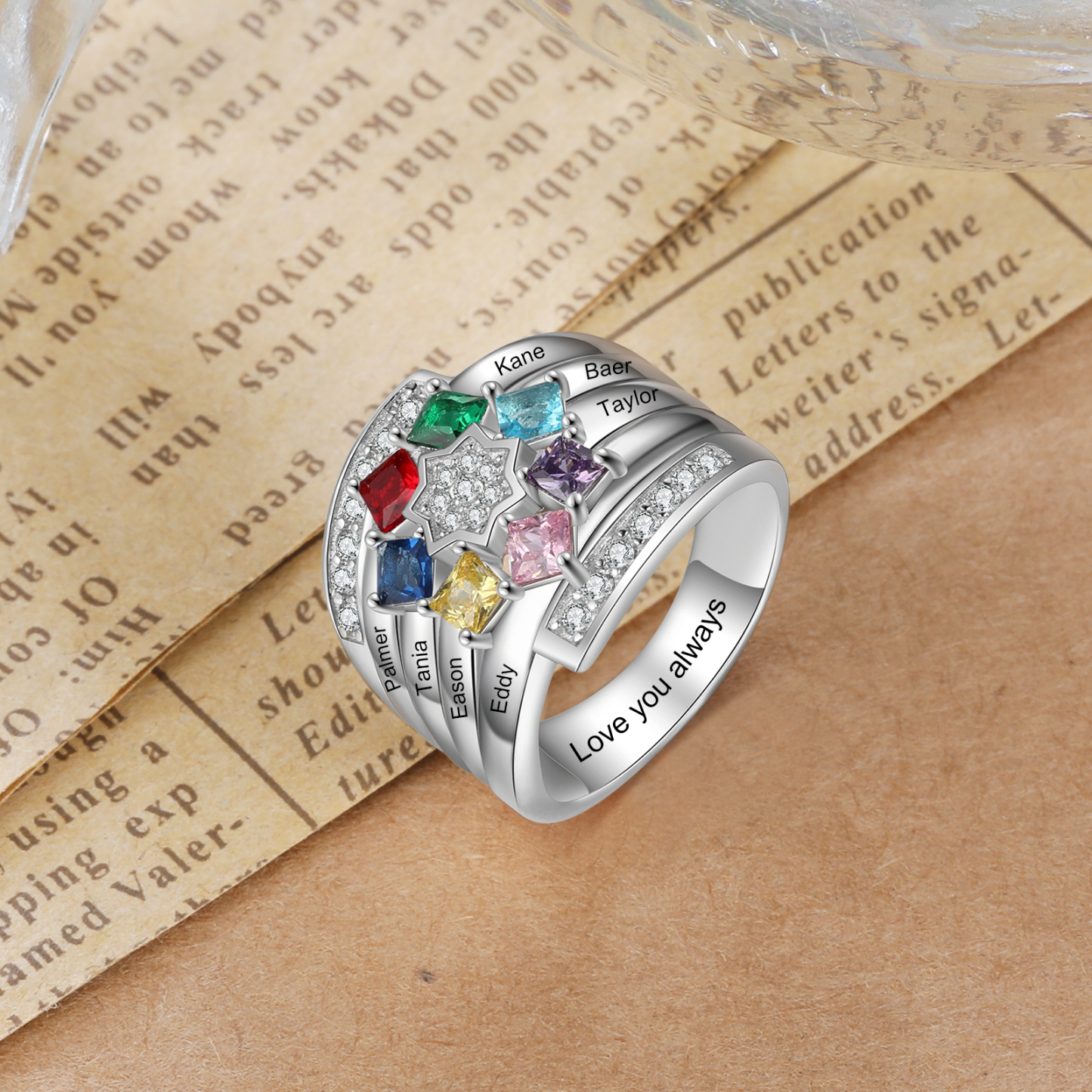 Personalised Mothers Ring With 7 Birthstones Engraved Names Ring Gift For Women-Jessemade AU