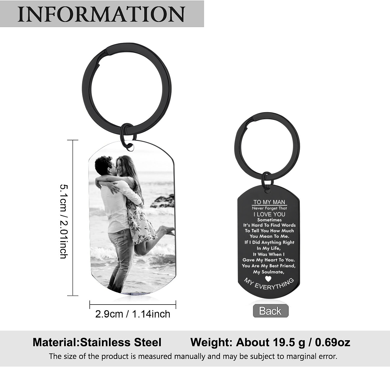 To My Man/Love Couple Keychain Custom Photo Keyring Stainless Steel Keychain Gift for Couples-Jessemade AU