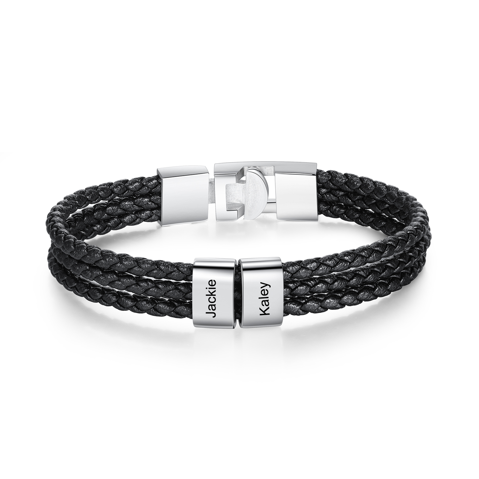 Personalised Braided Leather Bracelet Engraved 2 Names Men's Bracelet Gifts For Him-Jessemade AU