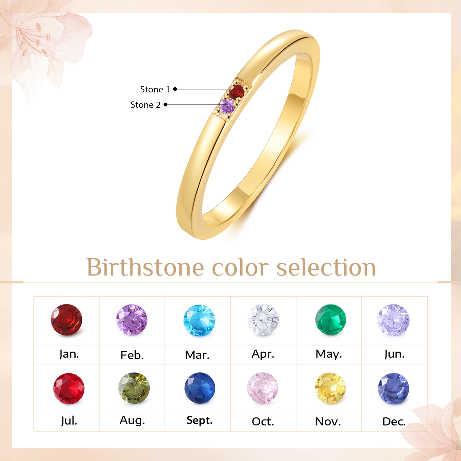 Personalised Women's Ring Custom 2 Birthstones Ring Birthday Gift for Her-Jessemade AU