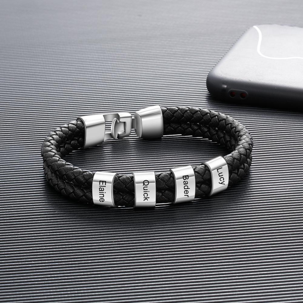 Personalised Braided Leather Bracelet Engraved 4 Names Men's Bracelet for Him-Jessemade AU
