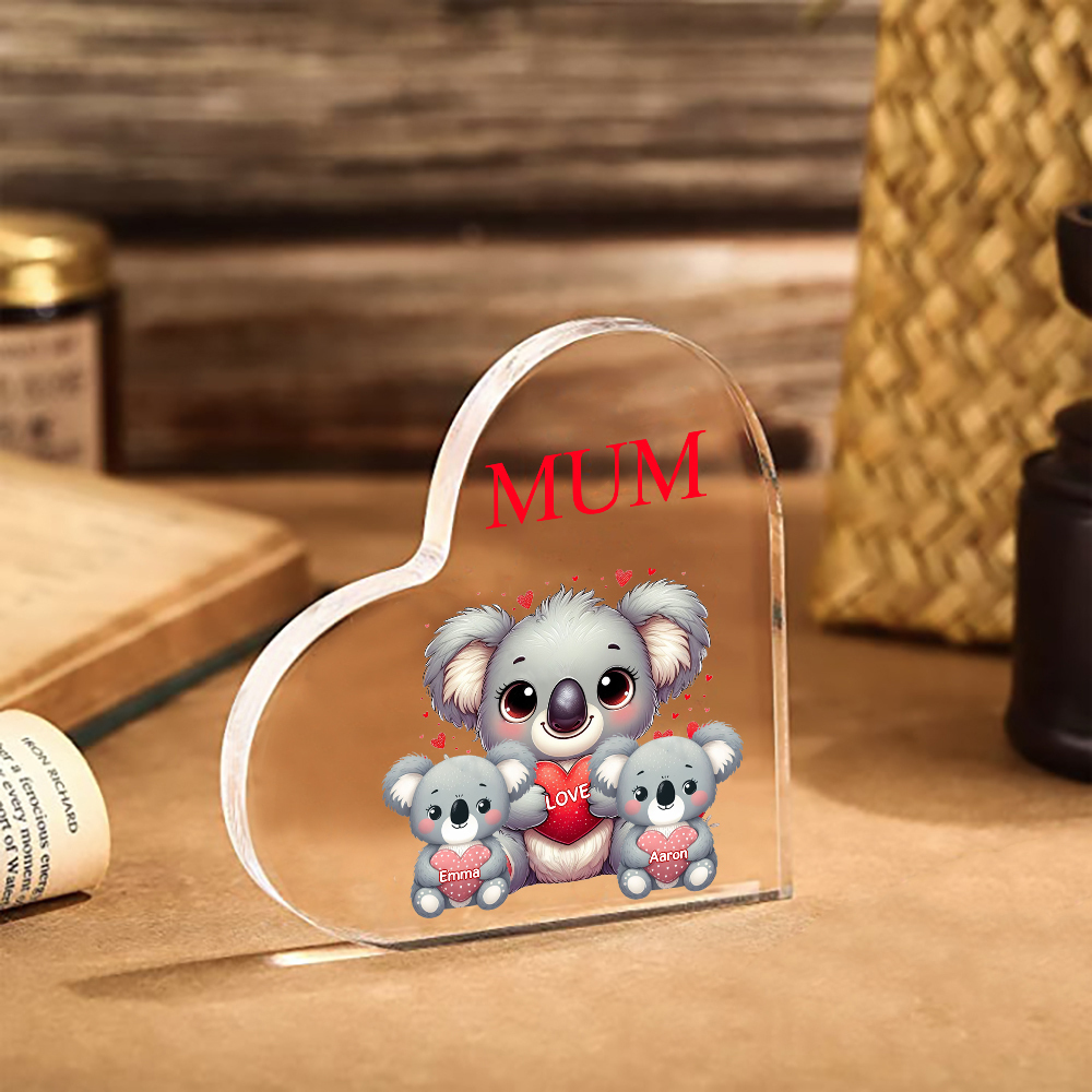 Personalised Acrylic Heart Keepsake Custom 1 Text & 2 Names Ornament Koala Family Gifts for Mother/Grandma-Jessemade AU