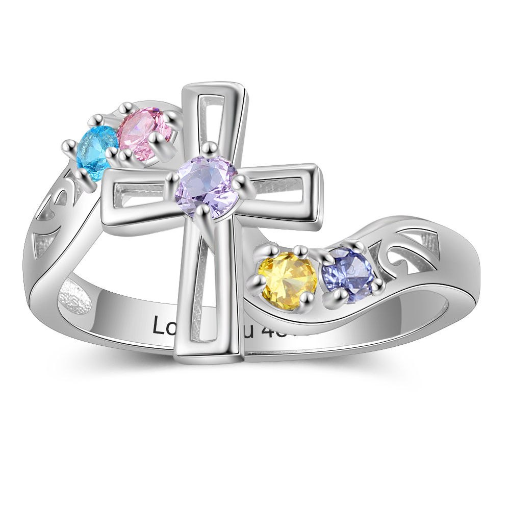 S925 Silver Ring Personalised 5 Birthstones Cross Ring With Names Gifts For Her-Jessemade AU