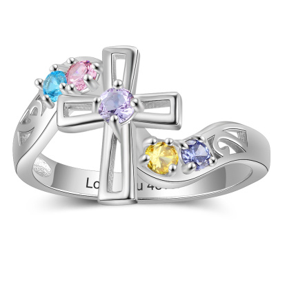S925 Silver Ring Personalised 5 Birthstones Cross Ring With Names Gifts For Her-Jessemade AU