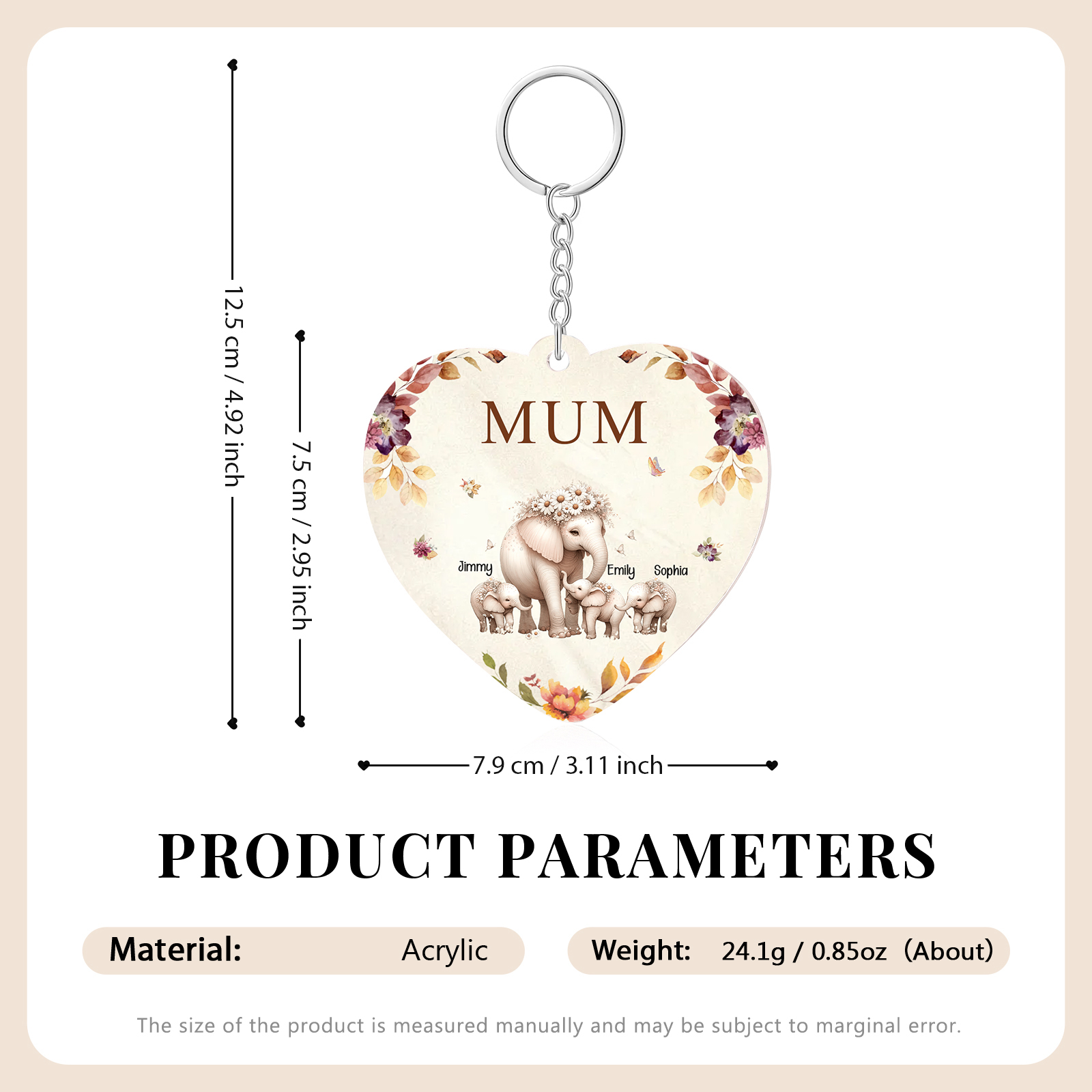 3 Names - Personalised Acrylic Keychain Custom 1 Text Elephant Family Hanging Ornaments Gift for Mum/Grandma-Jessemade AU