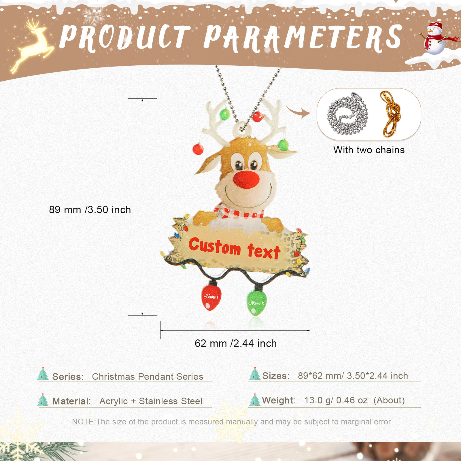 2 Names - Personalised Acrylic Christmas Reindeer Ornaments Customised Text & Name Xmas Decor Gifts for Family-Jessemade AU