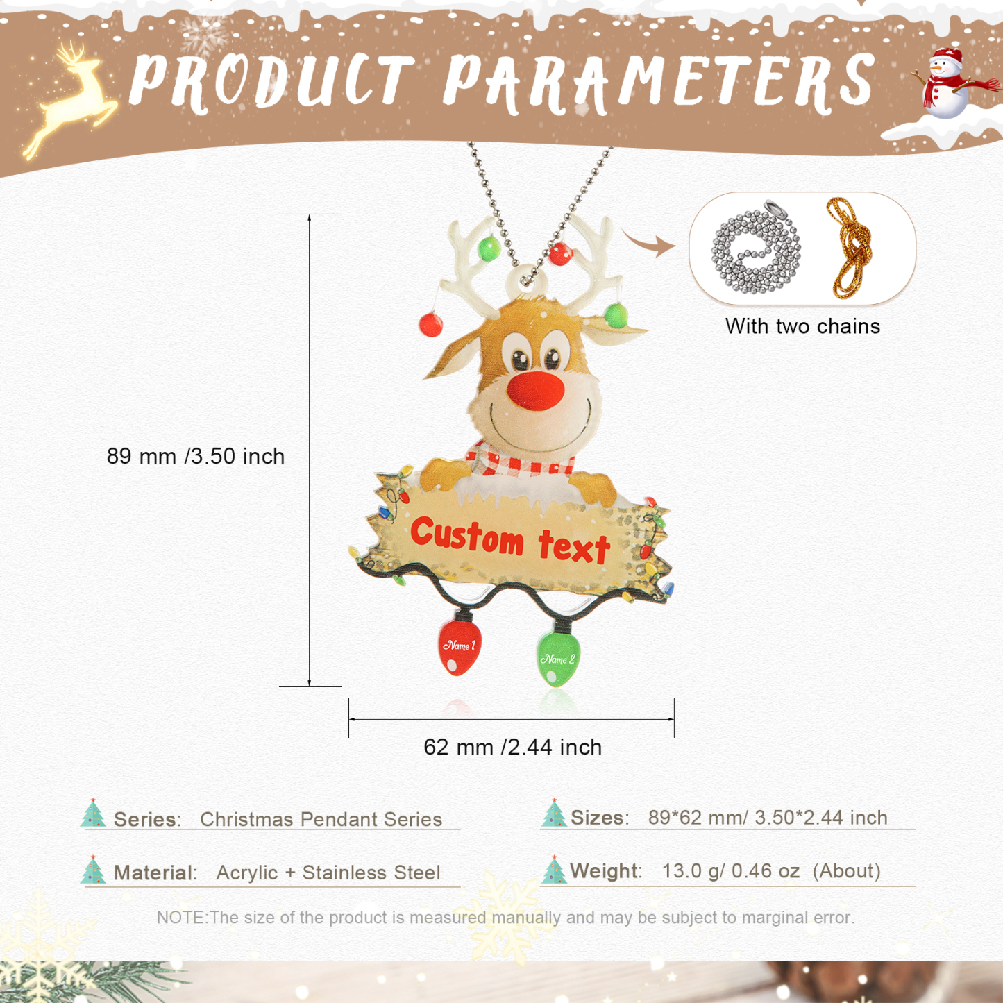 2 Names - Personalised Acrylic Christmas Reindeer Ornaments Customised Text & Name Xmas Decor Gifts for Family-Jessemade AU