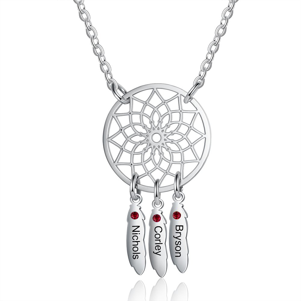 Personalised Dream Catcher Necklace With 3 Birthstones Engraved Names Gift For Women
