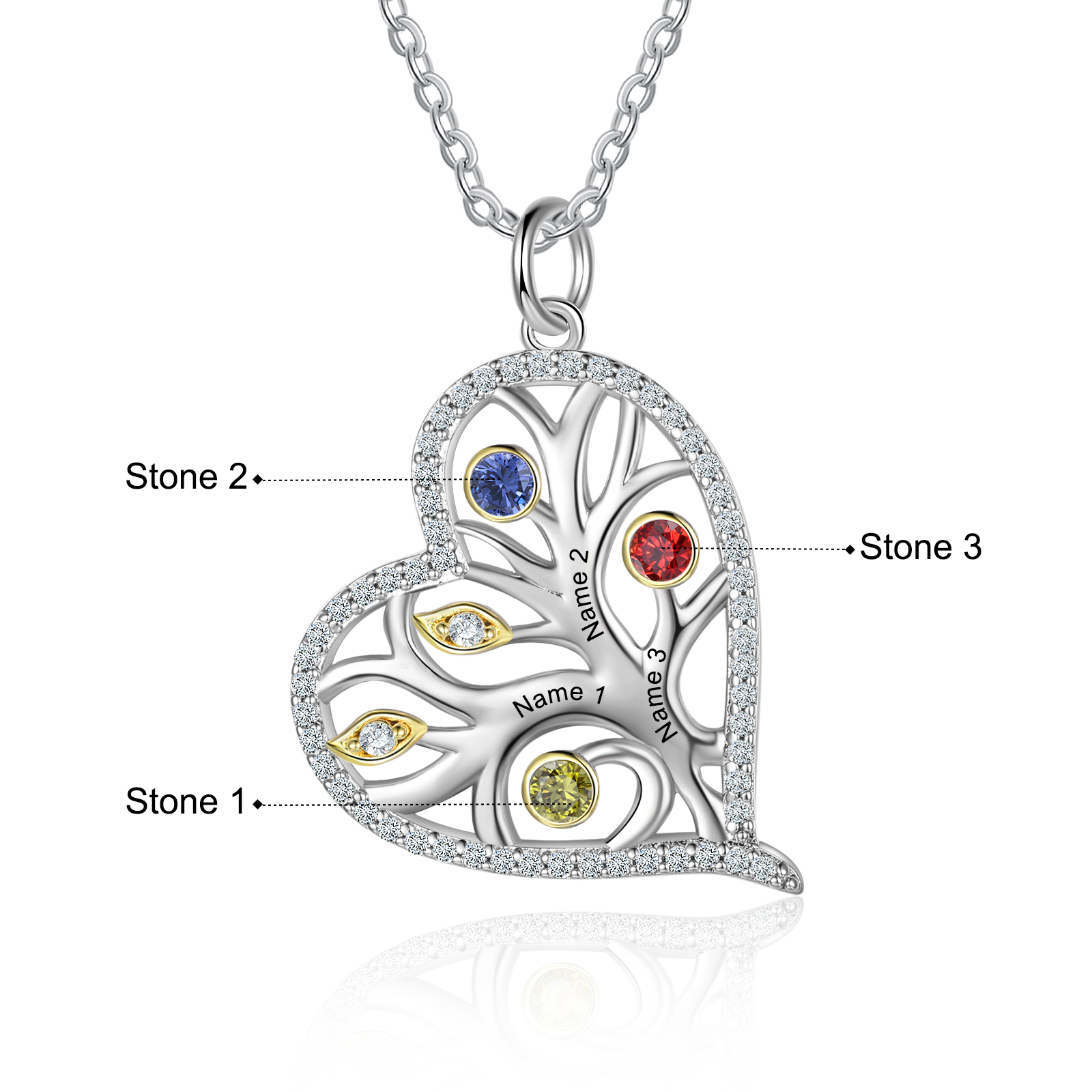 Personalised Family Tree Necklace With 3 Birthstones Custom Names Best Gift For Mother-Jessemade AU