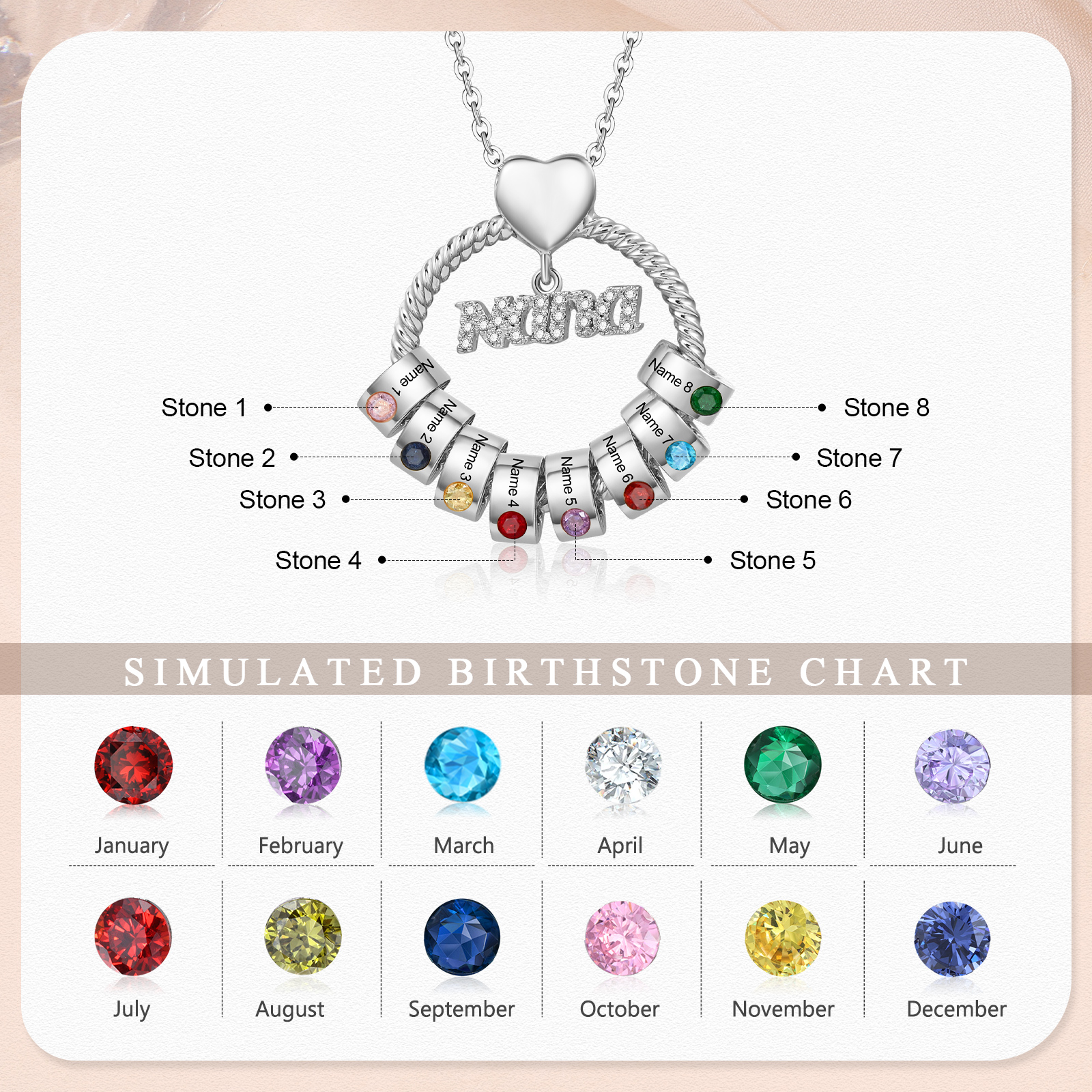 8 Names - Personalised Nana Necklace Custom Names & Birthstones Circle Pendant Necklace Gift for Grandma Nana-Jessemade AU