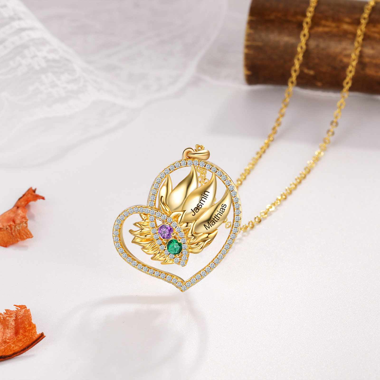 Personalised Heart Necklace With 2 Birthstones Engraved Names Necklace Gift For Women-Jessemade AU