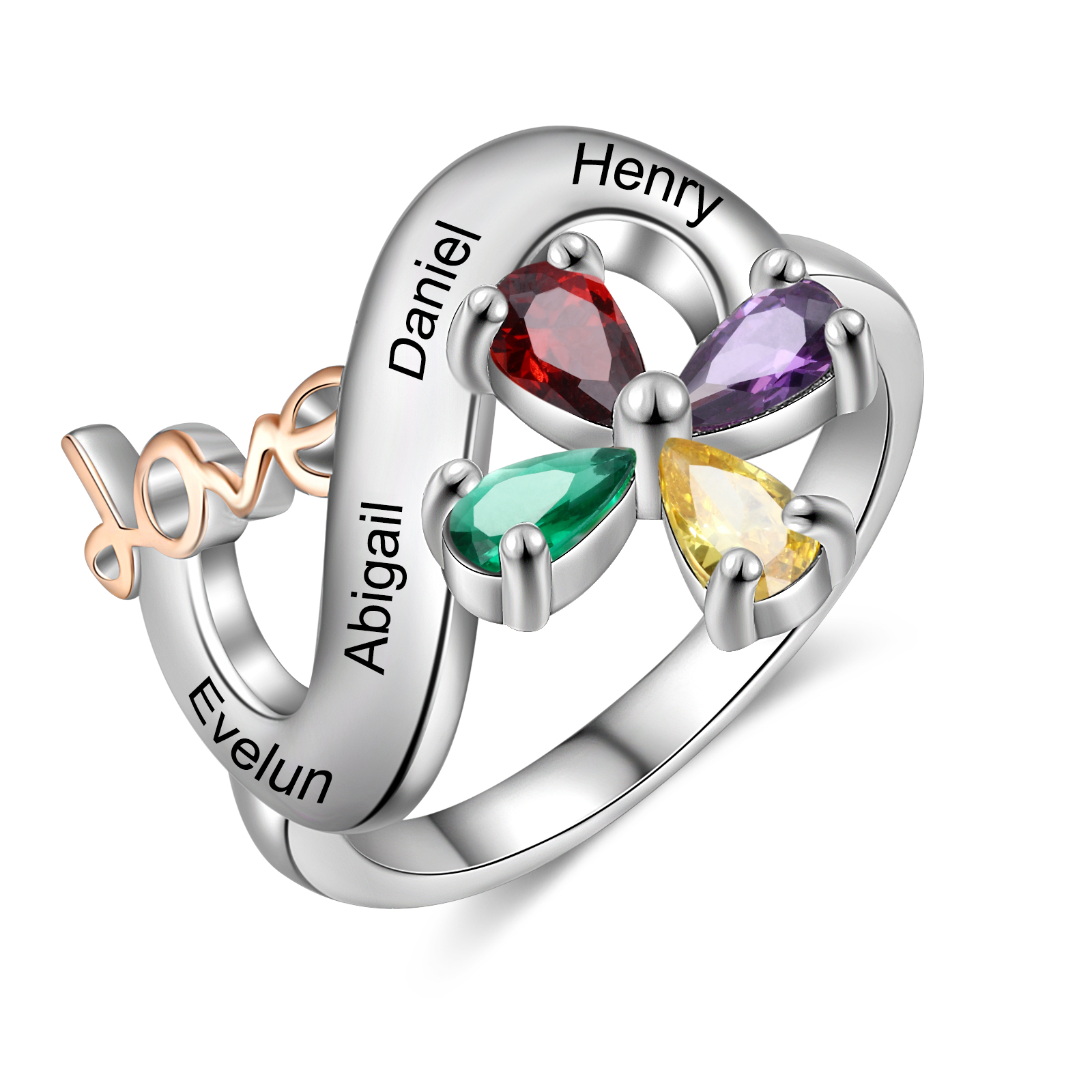 Personalised Butterfly Ring Custom 4 Birthstones Love Ring Gifts For Her