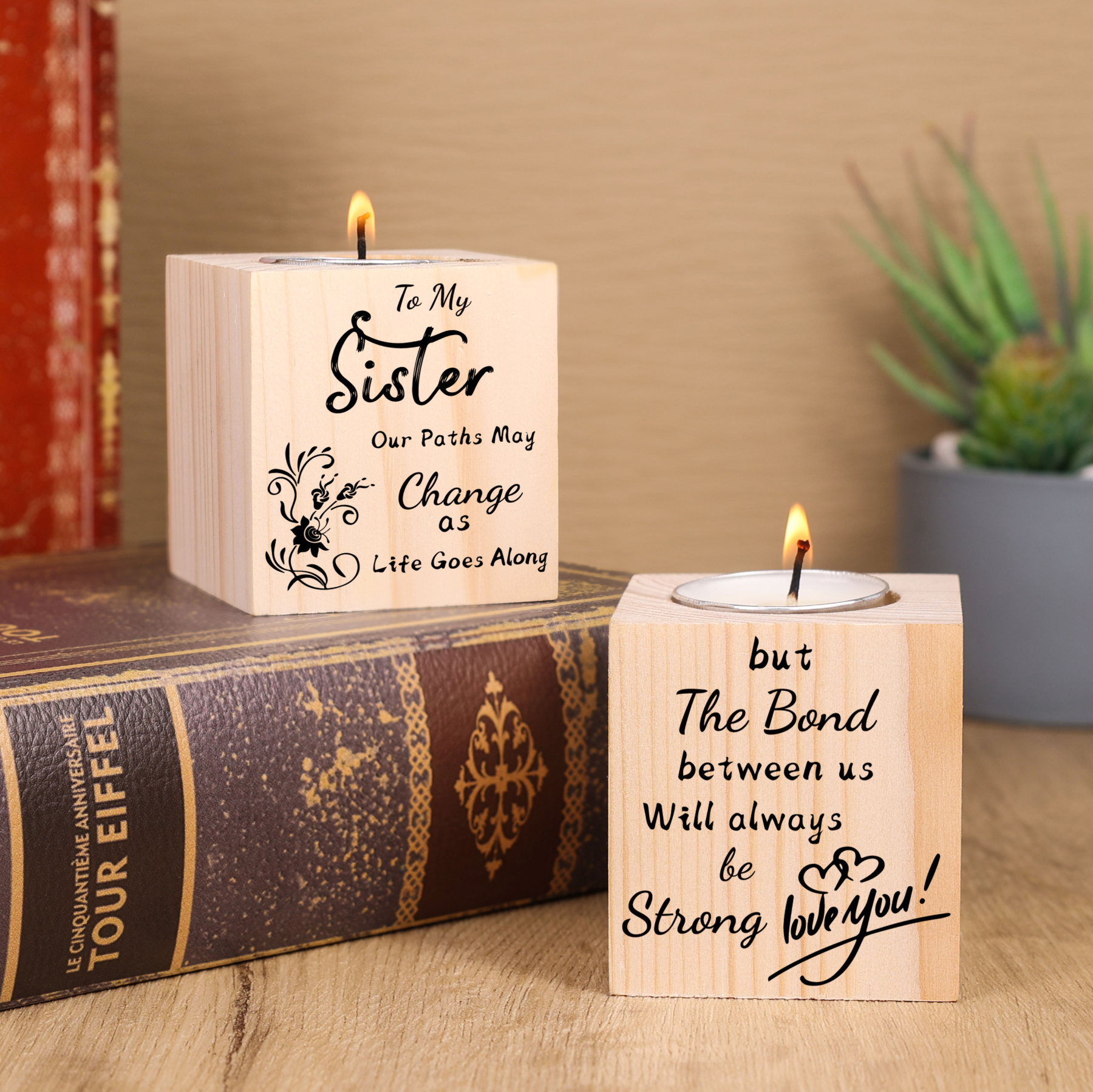To My Sister Block Candle Holder The Bond Between Us Will Always Be Strong Wooden Candlesticks-Jessemade AU