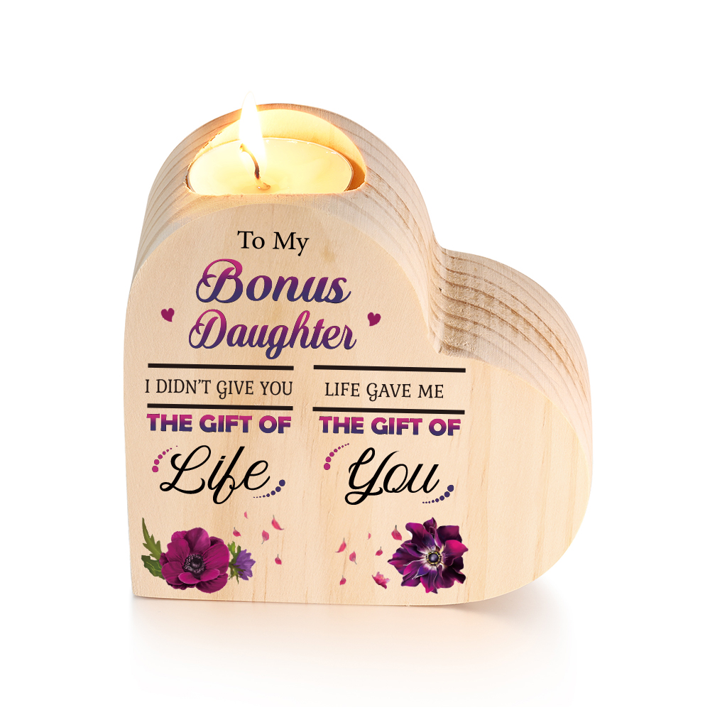 To My Bonus Daughter Christmas Gift Set with Violet Flower Heart Candle Holder Mug "Life Gave Me The Gift of You" Candlestick
