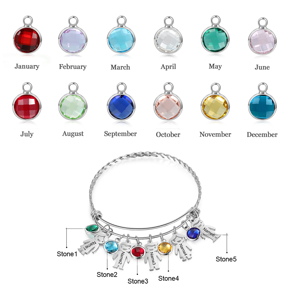 Personalised Kid Charms Bangle Bracelet With Names Customised 5 Birthstones Gift for Her-Jessemade AU