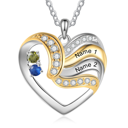 Personalised Heart Necklace with 2 Birthstones Engrave Names Family Necklace for Mom-Jessemade AU
