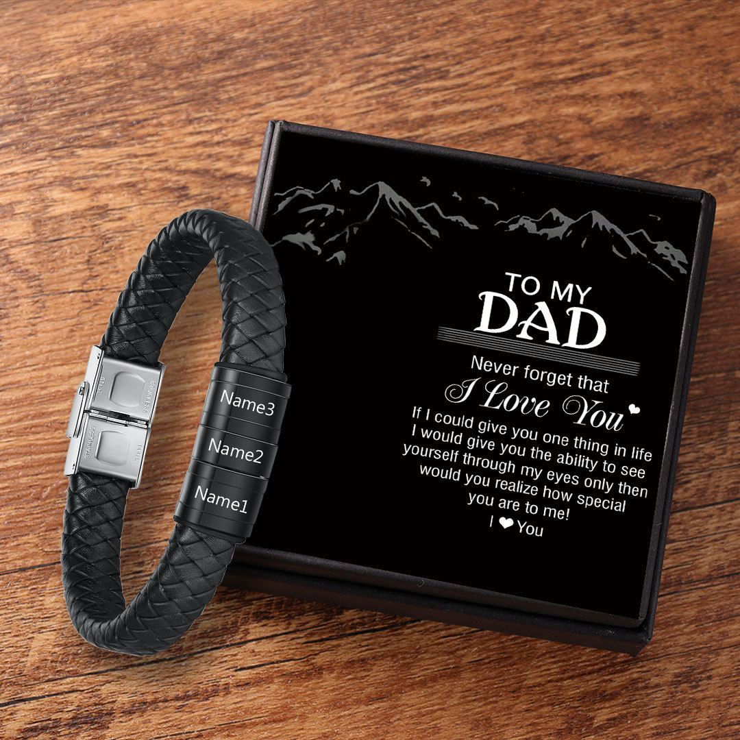 Men Leather Braided Bracelet Personalised with 2 Names Black-Jessemade AU