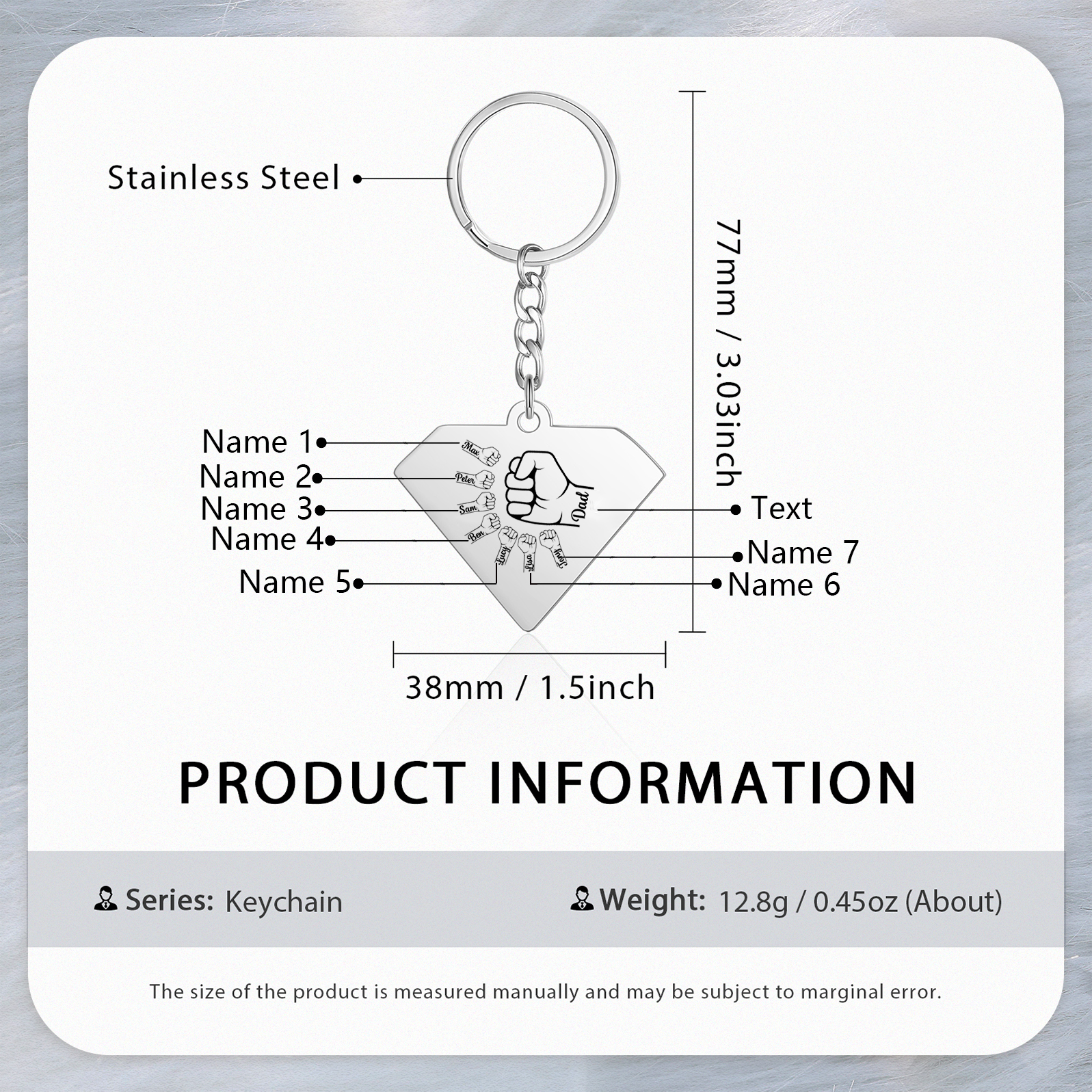 Personalised 7 Names & 1 Text Fist Bump Keychain Engraved Kids Names Keychain Gifts for Grandpa/Dad-Jessemade AU