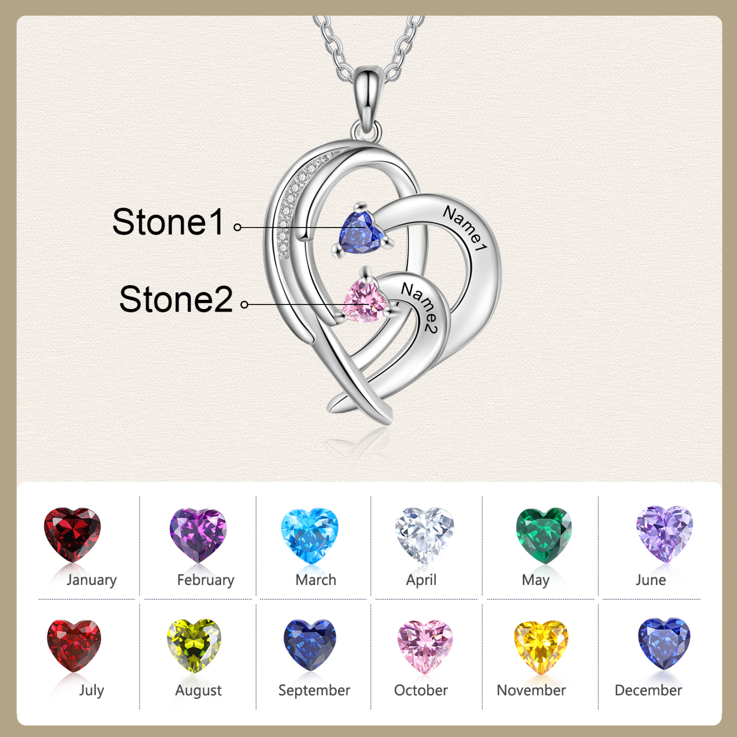 Personalised Heart Wings Necklace With 2 Birthstones Custom Names Necklace Gift For Her-Jessemade AU