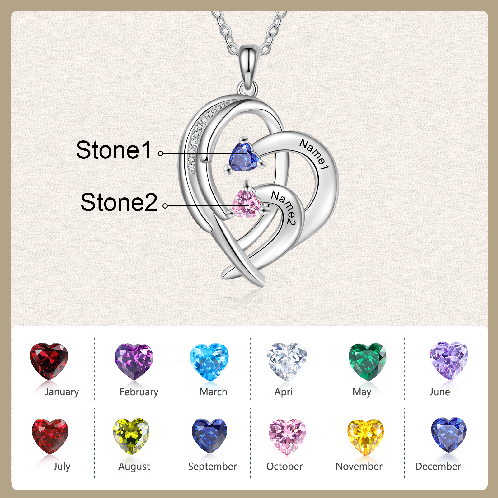 Personalised Heart Wings Necklace With 2 Birthstones Custom Names Necklace Gift For Her-Jessemade AU