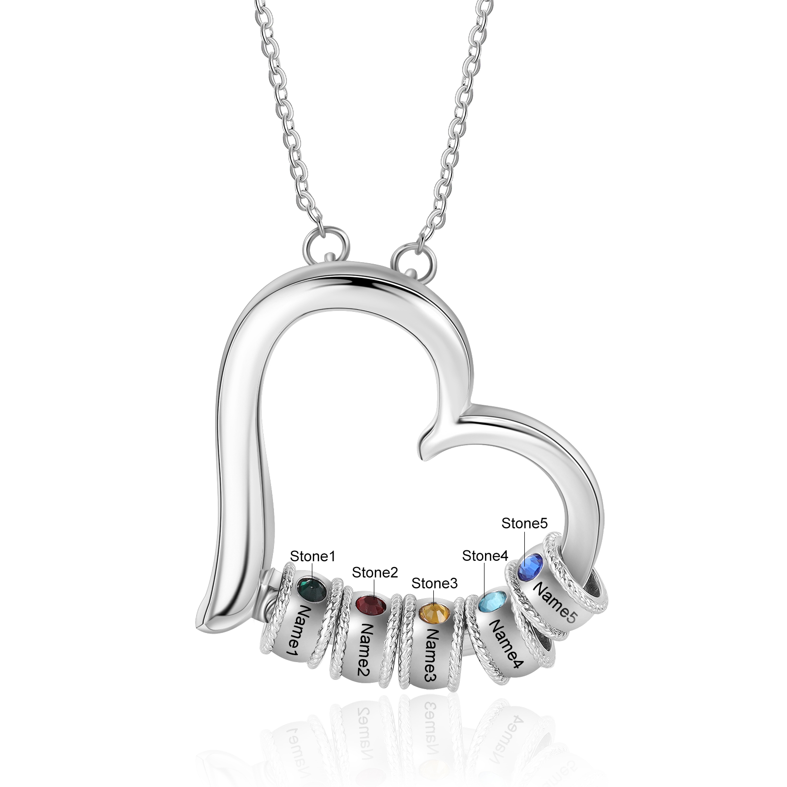 Personalised Heart Necklace With 5 Birthstones Engraved Family Names Necklace Gift For Her-Jessemade AU
