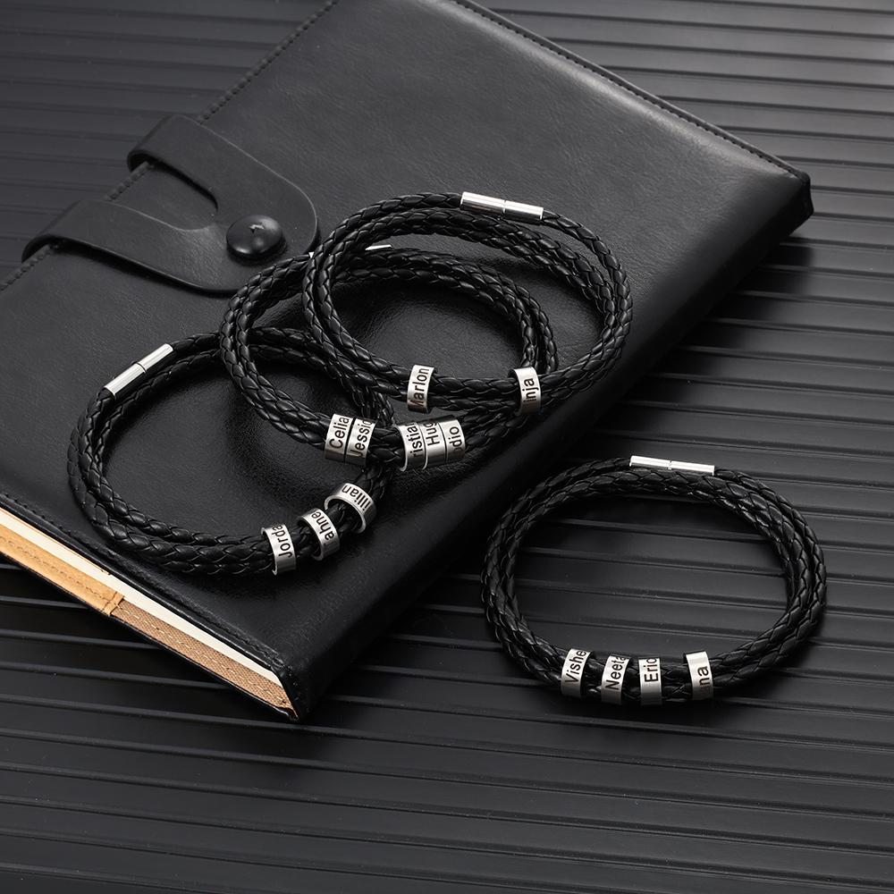 Leather Braided Bracelet Men Bracelets Personalised 5 Names 5 Beads Gifts For Dad-Jessemade AU