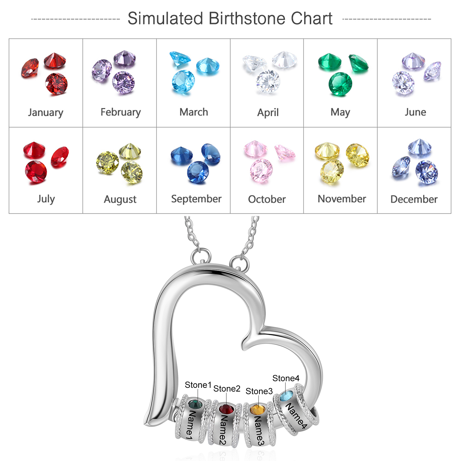 Personalised Heart Necklace With 4 Birthstones Engraved Family Names Necklace Gift For Her-Jessemade AU