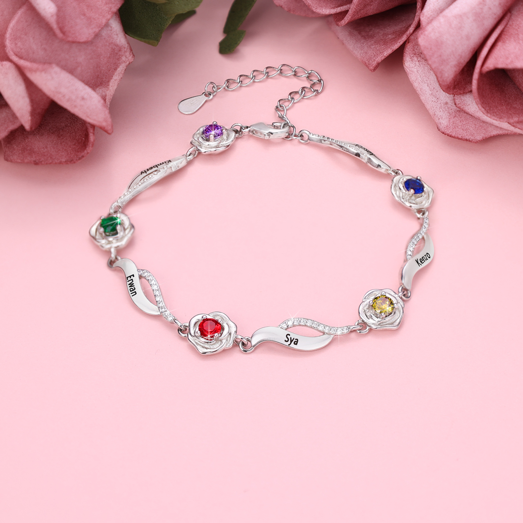 2 Names - Personalised Rose Bracelet Custom Names & Birthstones Adjustable Bracelet Gifts for Her-Jessemade AU