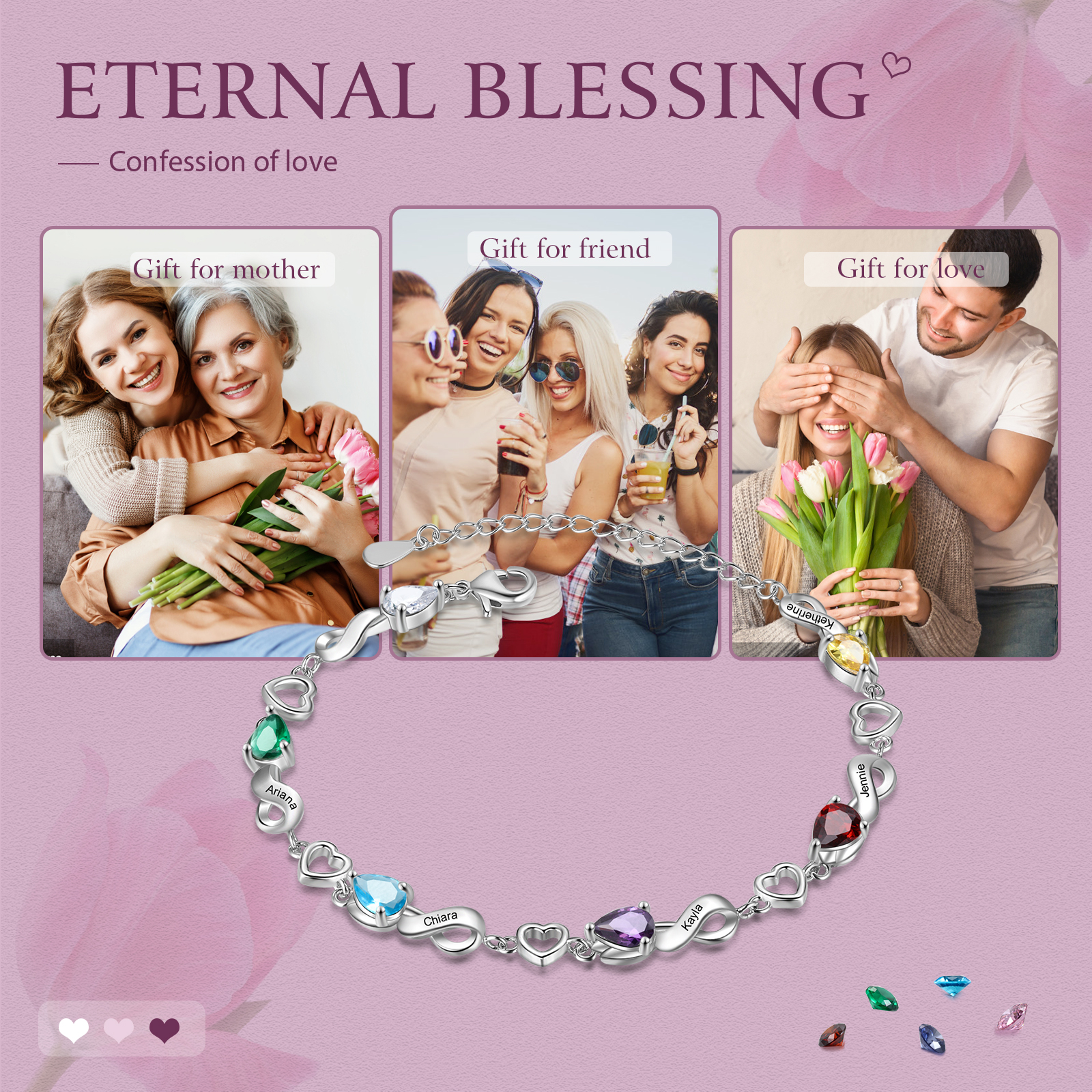 Personalised 5 Birthstones Heart Bracelet Engraved Names Bracelet Gifts For Women-Jessemade AU