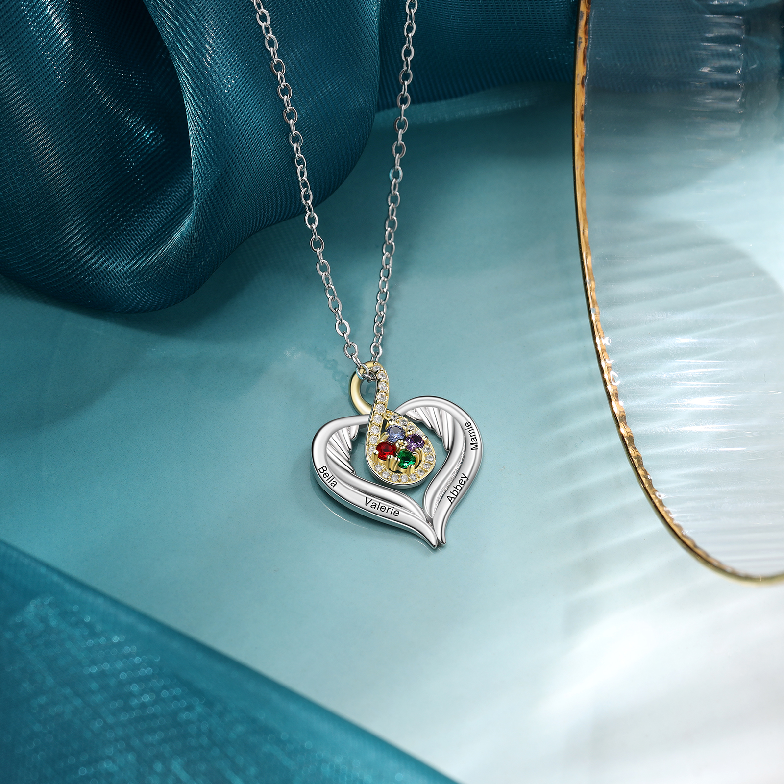 Personalised Drop Heart wings Necklace with 4 Birthstones Engraved Names Best Gift For Women-Jessemade AU