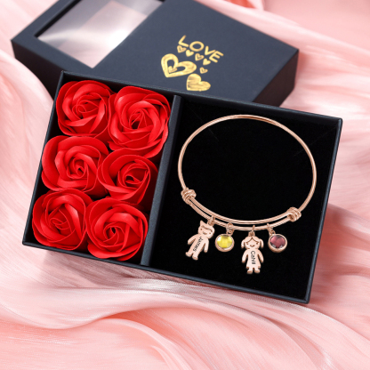 Bangle Bracelet with Kids Charms 2 Birthstone Engraved 2 Names Rose Box Set-Jessemade AU