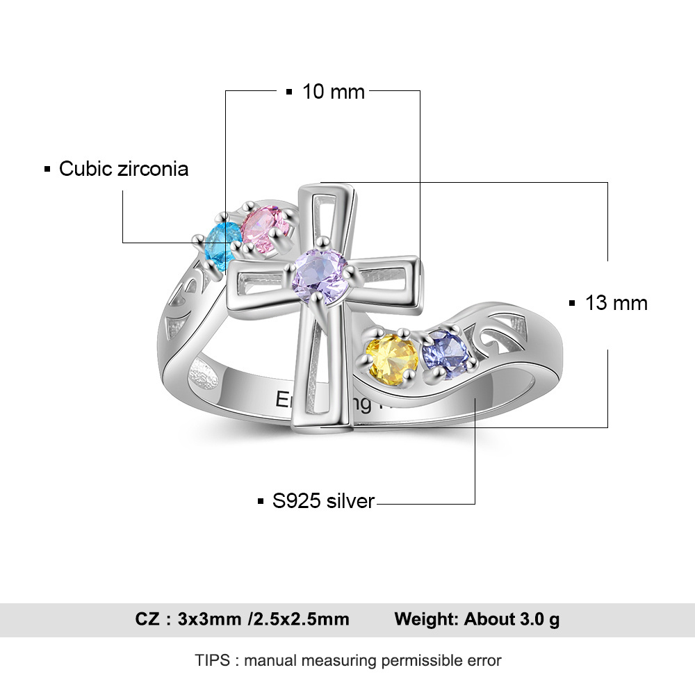 S925 Silver Ring Personalised 5 Birthstones Cross Ring With Names Gifts For Her-Jessemade AU