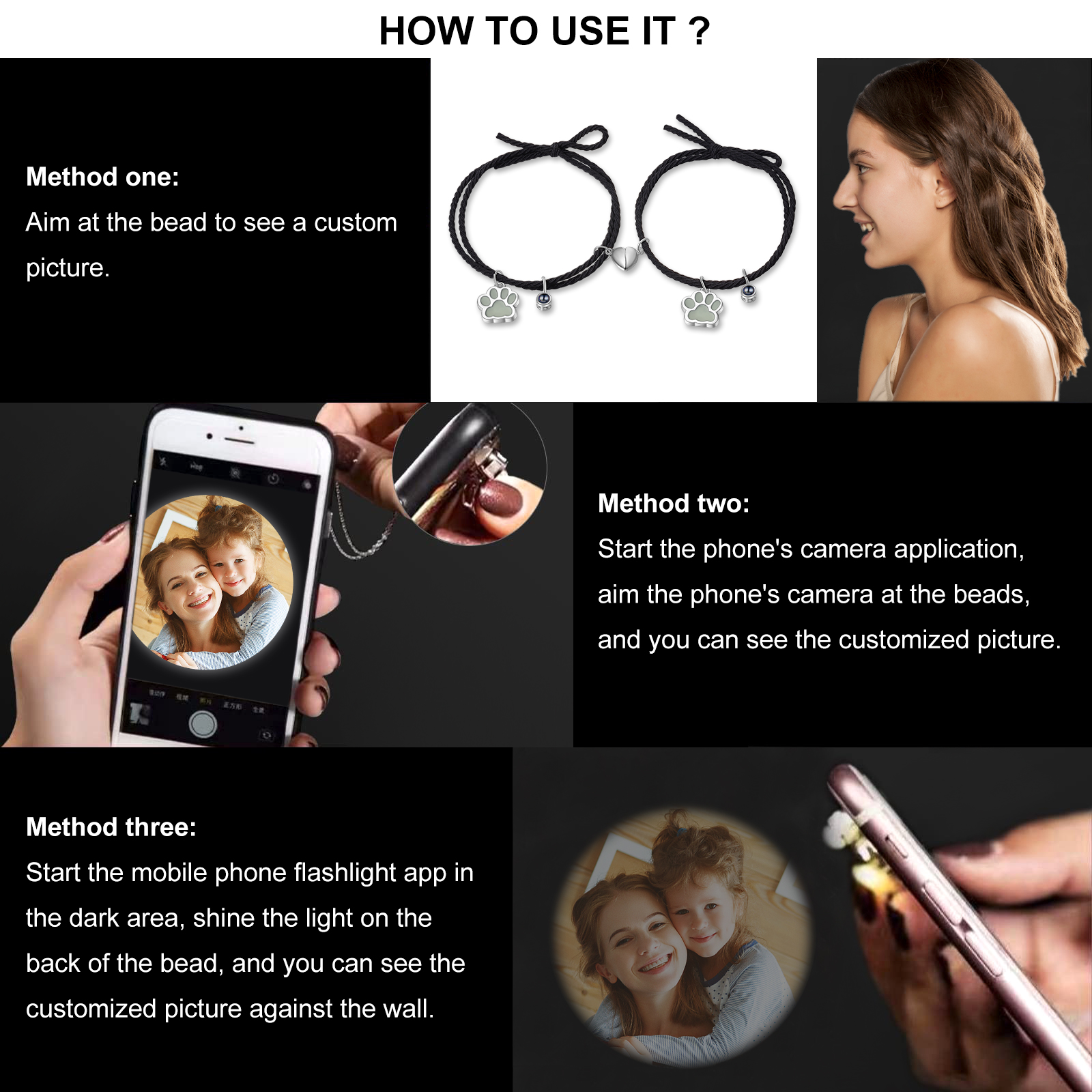 Personalised Photo Projection Bracelet Set Dog Paw Fluorescent Magnetic Bracelet Matching Gifts For Couples/Friends-Jessemade AU