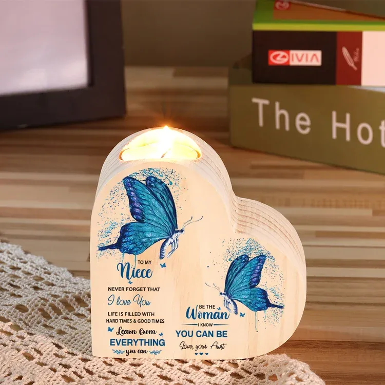 To My Niece Heart Candle Holder Never Forget That I Love You Wooden Blue Butterfly Candlestick-Jessemade AU