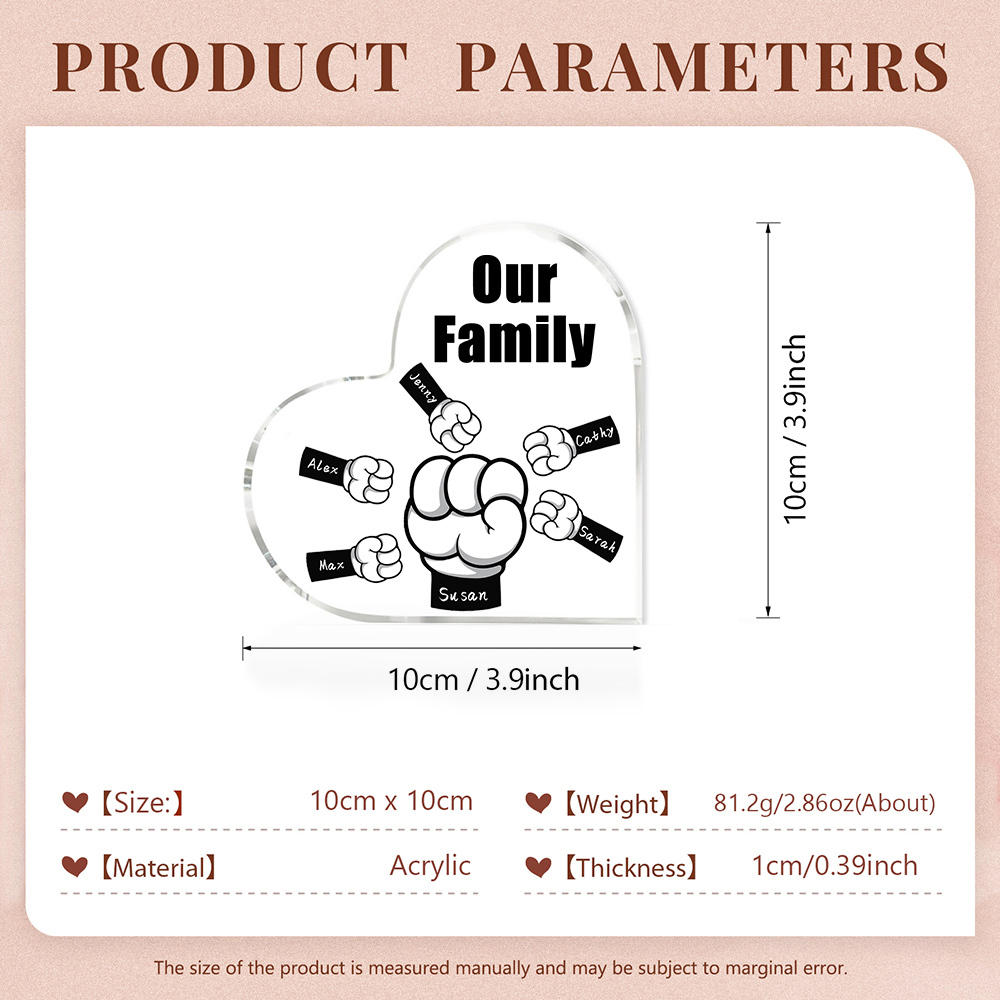 Personalised Acrylic Heart Keepsake Custom 6 Names & 1 Text Fist Bump Ornaments Gifts for Dad/Grandpa-Jessemade AU