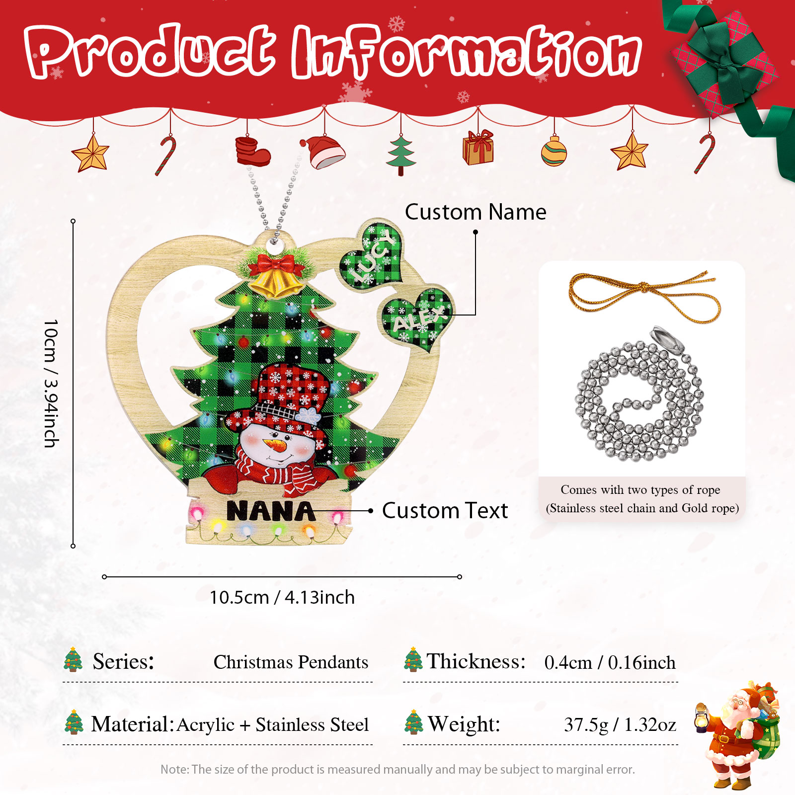 2 Names - Personalised Heart Christmas Tree Ornament Customised Name & Text Acrylic Snowman Hanging Ornaments Gift for Family-Jessemade AU