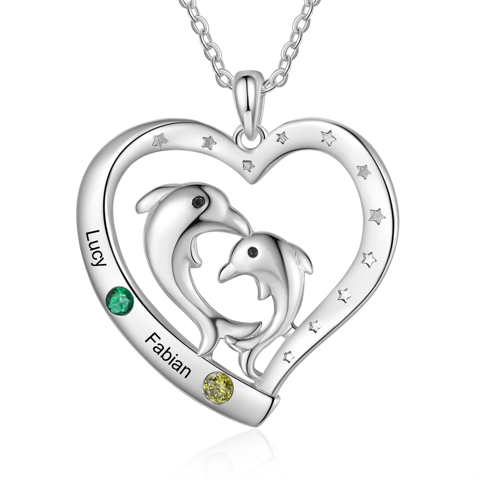 Personalised Heart Dolphin Pendant Necklace Custom 2 Birthstones Engraved 2 Names Necklace Gift for Her-Jessemade AU