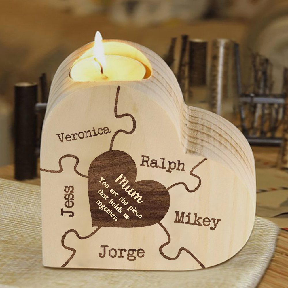 To My Mum Personalised 5 Names Puzzle Candle Holder Wooden Candlestick "You Are The Piece That Holds Us Together"-Jessemade AU