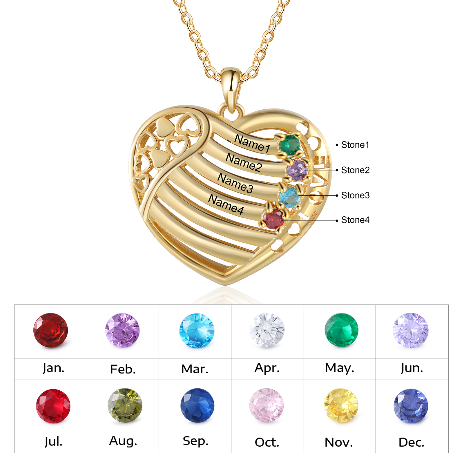 LOVE Heart Necklace Custom 4 Names & Birthstones Family Necklace Gifts For Her-Jessemade AU