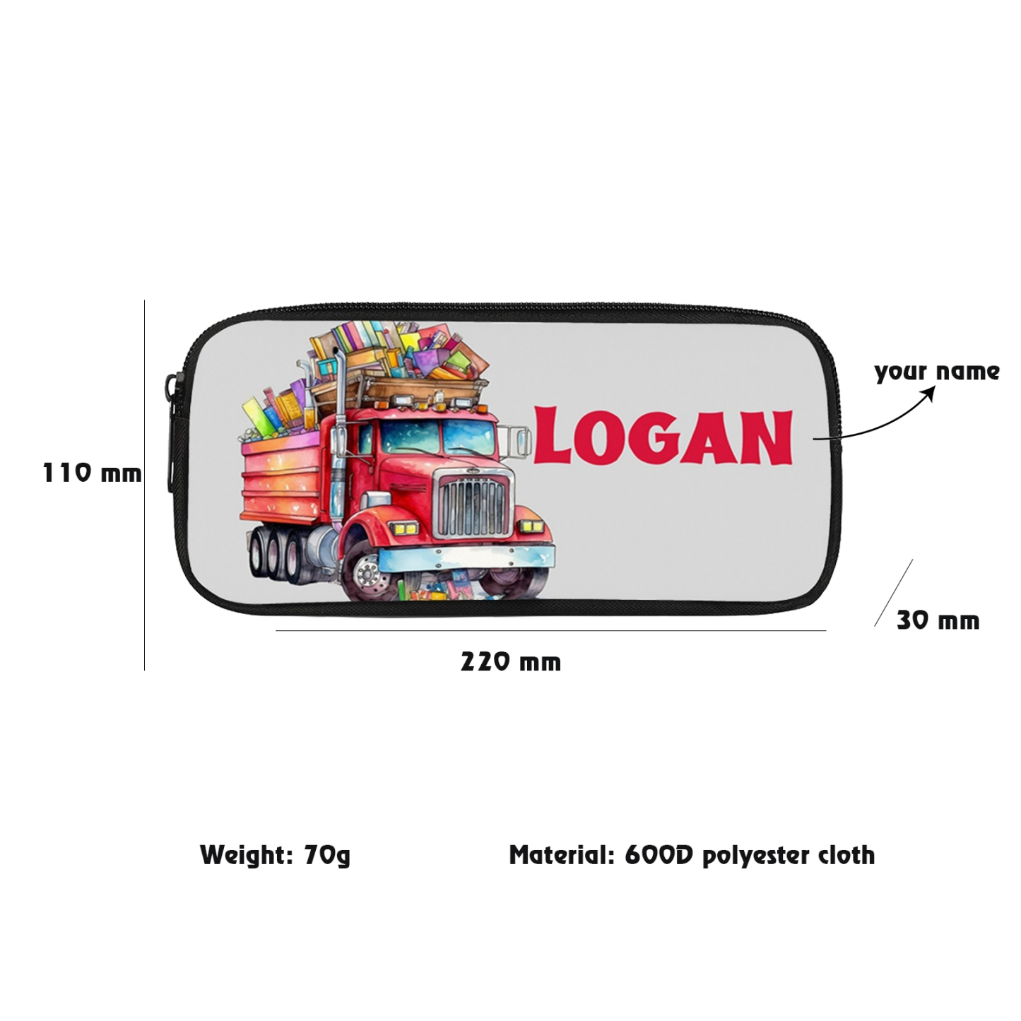 Personalised  Name Pencil Case Red Book Truck Pen Bag Zipper Back to School Gifts for Student-Jessemade AU