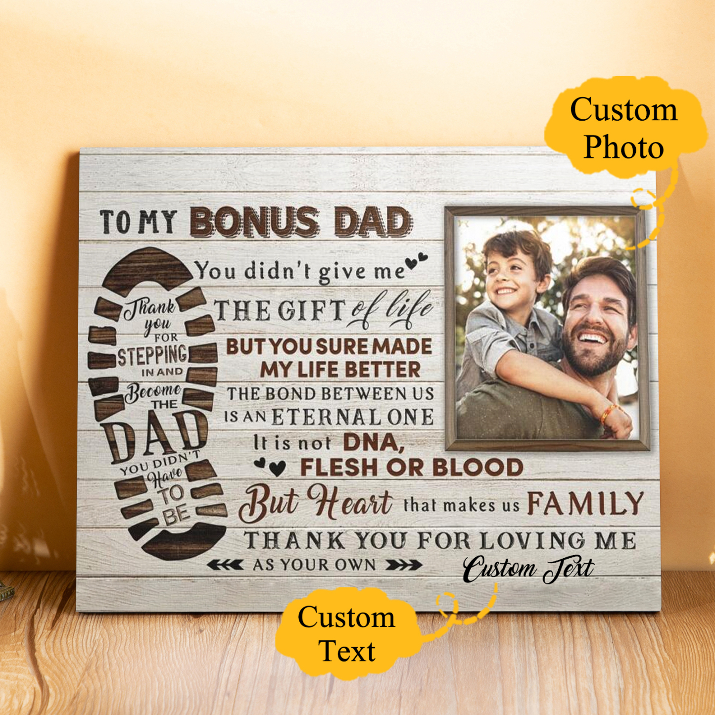 To My Bonus Dad Photo Frame Keepsake Wood Signs-Thank You For Stepping In And Become Dad-Jessemade AU