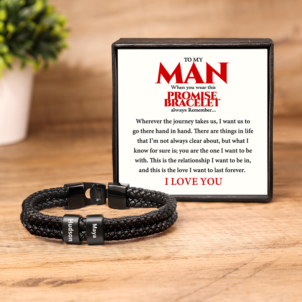 Personalised Braided Leather Bracelet Engraved 2 Names Men's Bracelet for Him-Jessemade AU