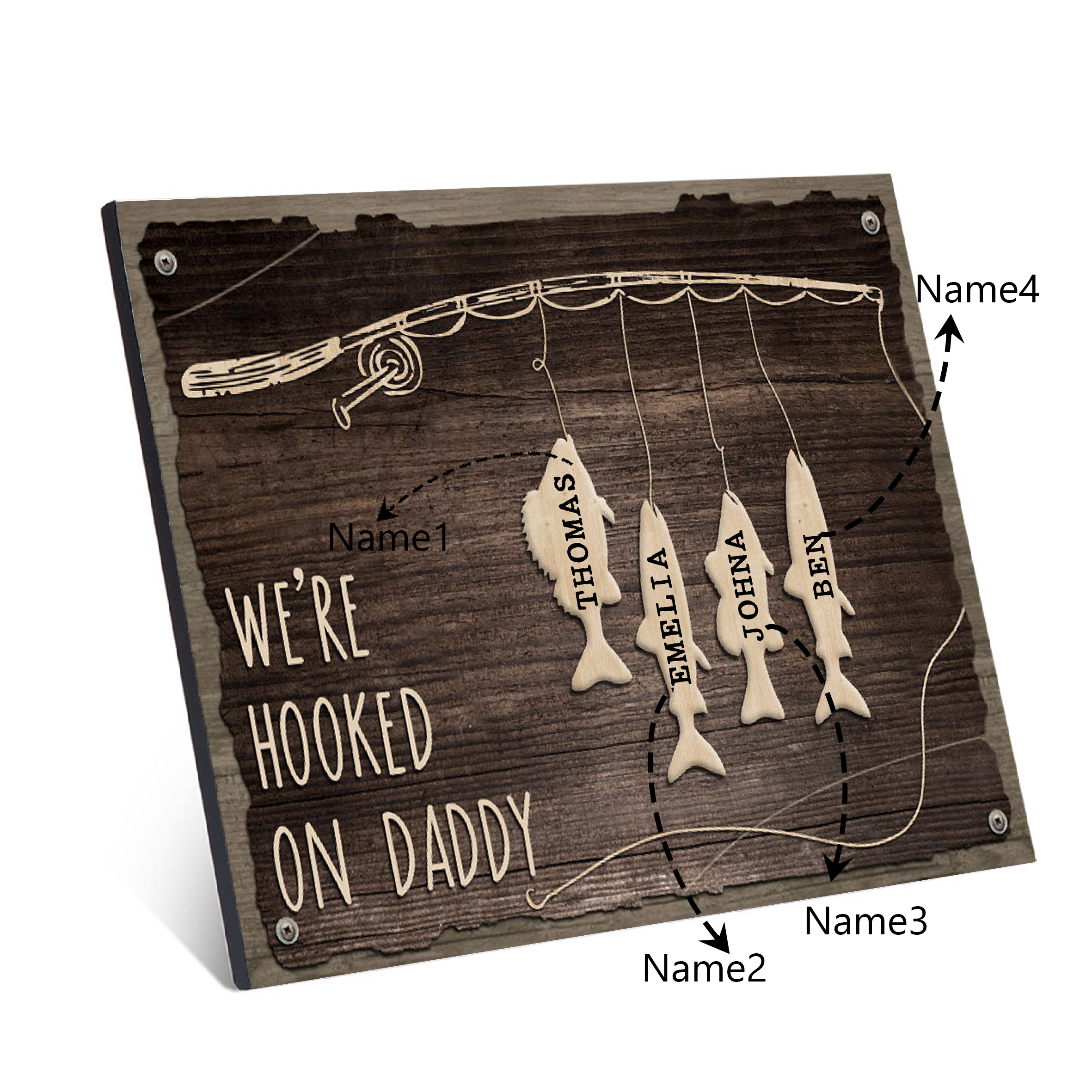 Father's Day Gifts Wood Signs Engrave 4 Names Frame Keepsake -We've Hooked On Daddy-Jessemade AU
