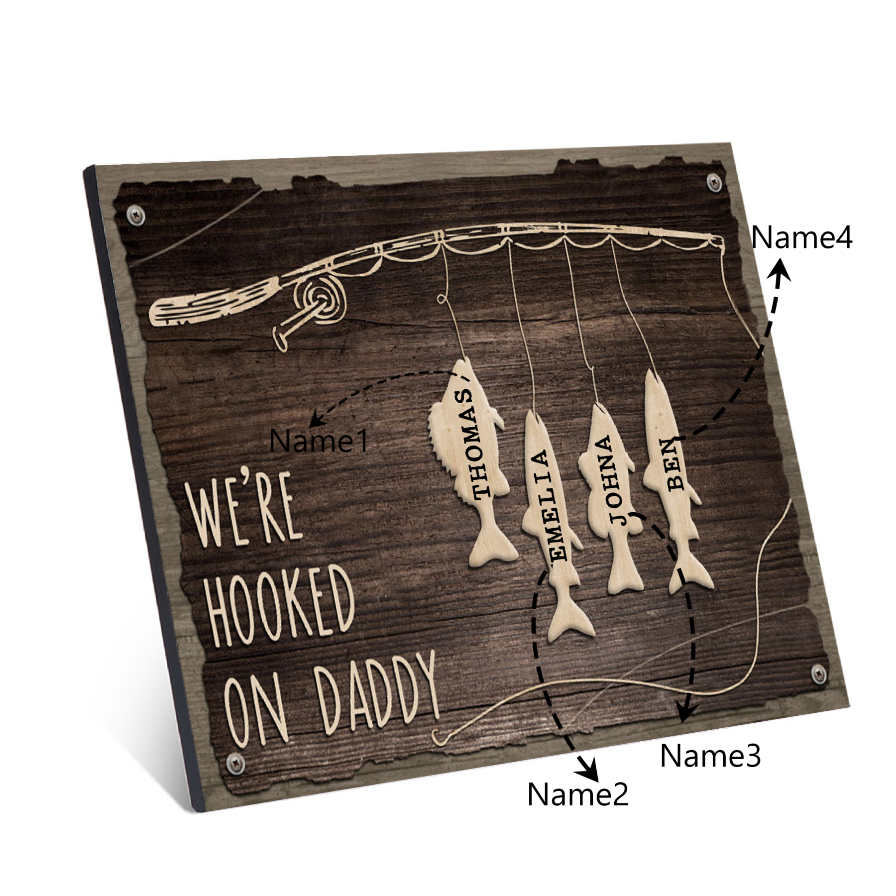 Father's Day Gifts Wood Signs Engrave 4 Names Frame Keepsake -We've Hooked On Daddy-Jessemade AU