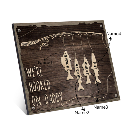 Father's Day Gifts Wood Signs Engrave 4 Names Frame Keepsake -We've Hooked On Daddy-Jessemade AU