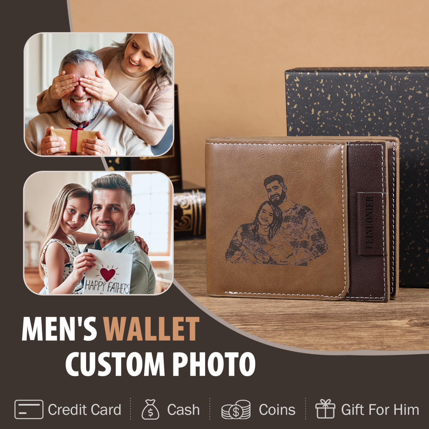 Brown Personalised Leather Wallet Engraved Photo Short Purse Folding Wallet Gifts For Men-Jessemade AU